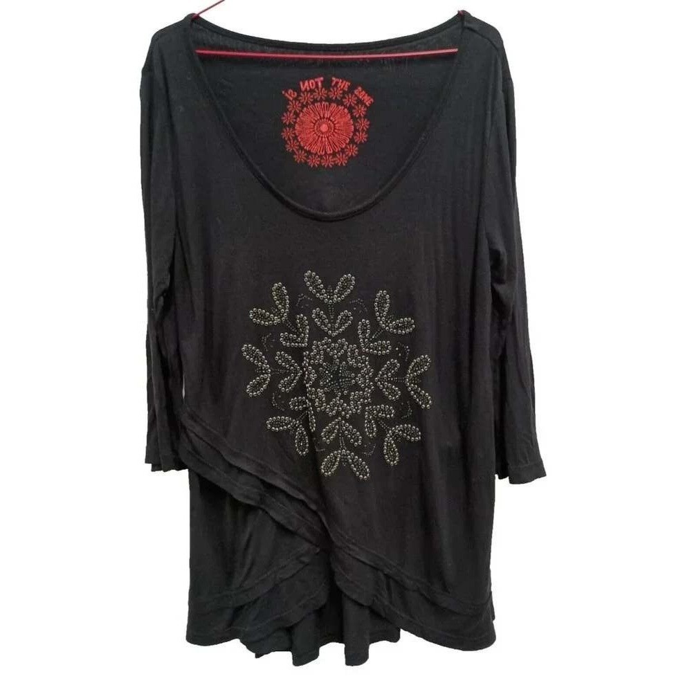 Desigual Art To Wear Tunic Top Womens L Black Embellished Snowflake 3/4 Sleeve